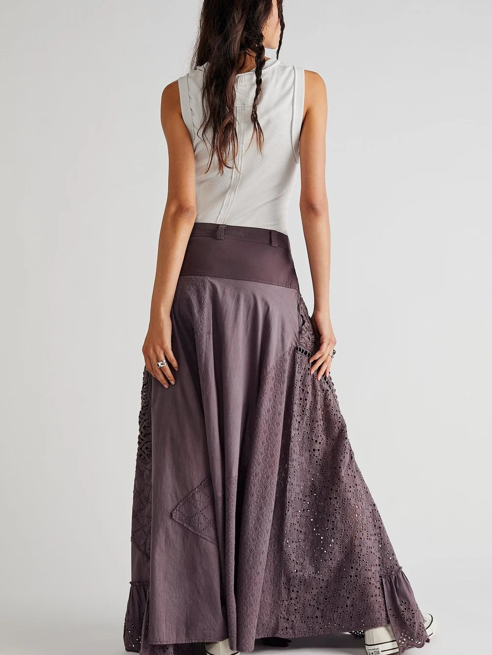 Free People Night Fall Maxi Skirt Noir Gray Crochet Eyelet Size 12